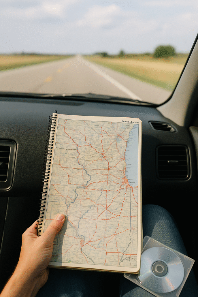 A woman’s hand holds a worn Rand McNally road atlas open on her lap in the passenger seat of a car, sunlight spilling across the map as an empty two-lane highway stretches ahead. A CD case rests beside her, hinting at the soundtrack of the journey.