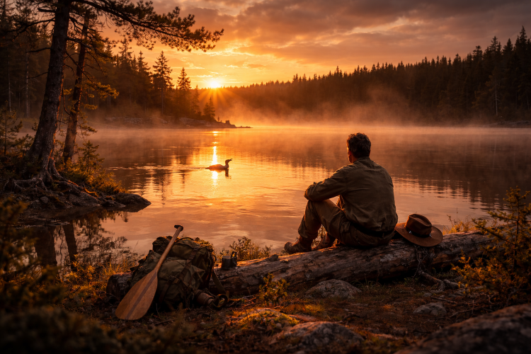 Man sitting beside a lake at sunset. 